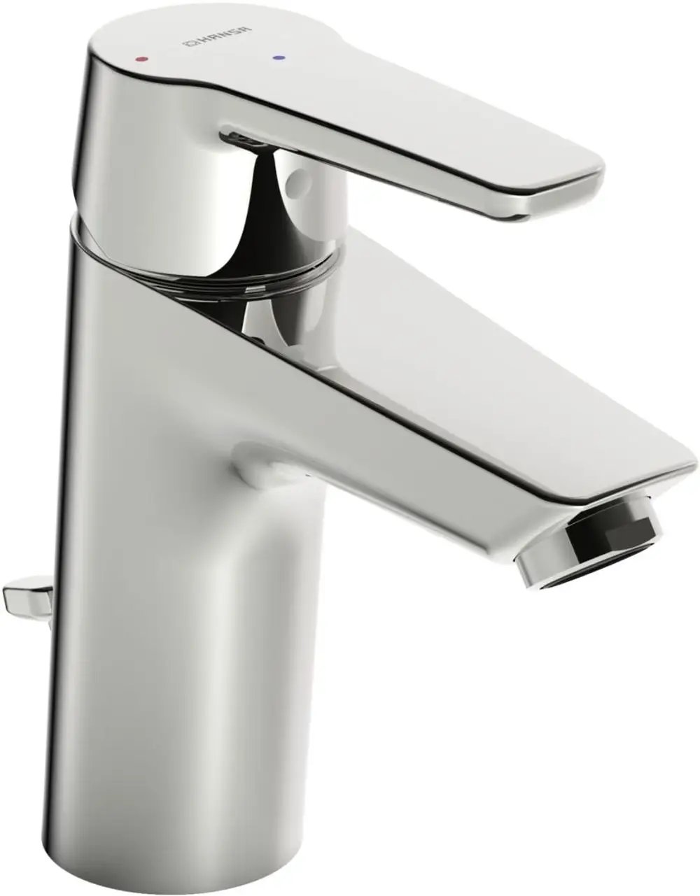 HANSAPOLO Waschtischbatterie in Chrom-Optik mit schmalem Hebel und zwei farbigen Markierungen für Kalt- und Warmwasser. Moderne Form mit runder Auslaufkante.